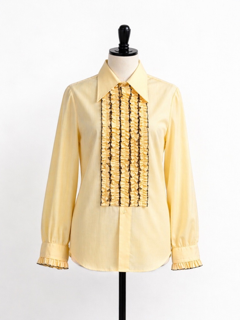 Vintage 70s Yellow Ruffle Tuxedo Shirt Mens 17-36 French Cuff Disco Formal Gala - Picture 2 of 10